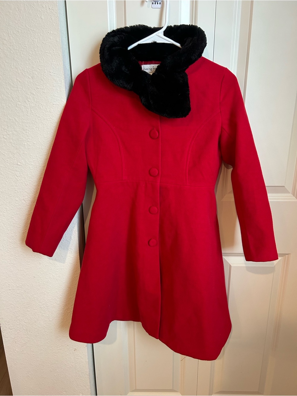 Girls Chasing Fireflies Red Coat with Black Faux Fur Collar